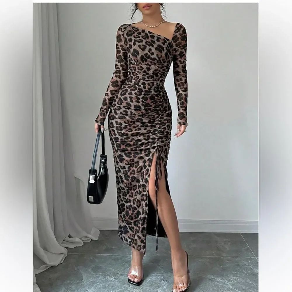 New Leopard print Asymmetrical Bodycon midi dress - Picture 3 of 9